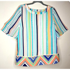 Chico's Aqua Peach and Green White Aztec Striped Boxy Blouse Short Sleeve 1